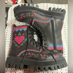 Farm Rio Black Mid Boot Stitched Heart Combat Women Size 9